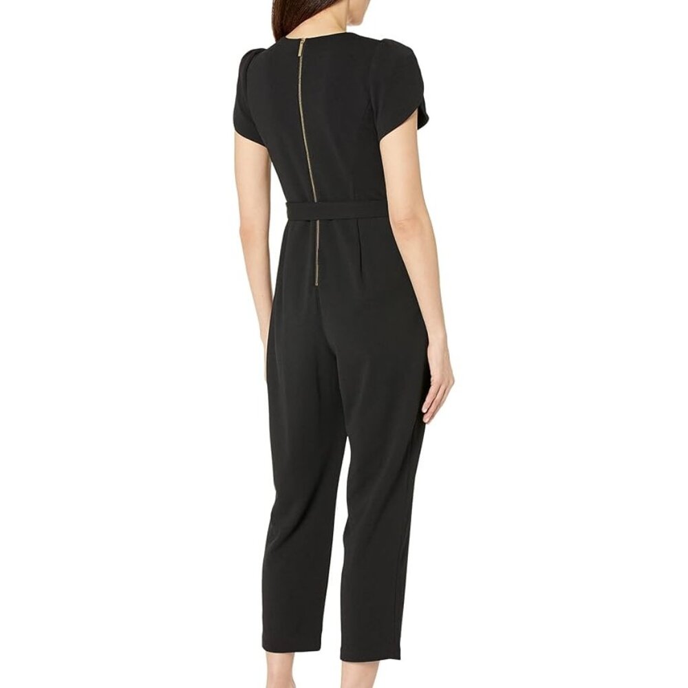 EUC Calvin Klein Short Sleeve Crew Neck Tie Waist Scuba Crepe Jumpsuit Sz 2 - Picture 4 of 10